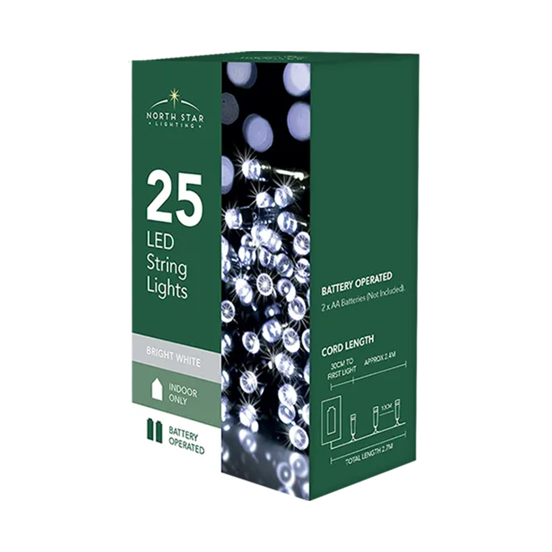 25 Bright White LED Battery Operated String Lights 2.7m