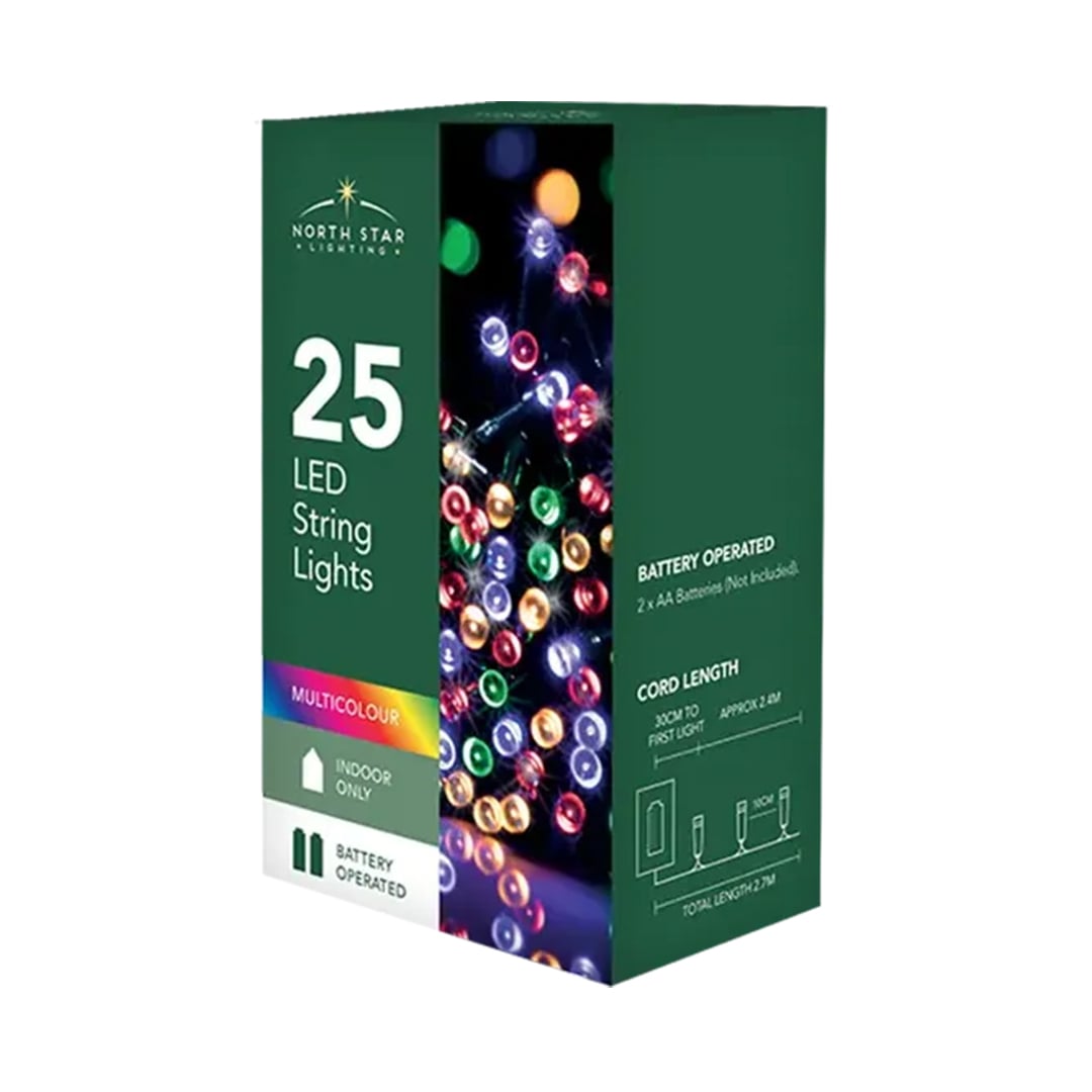 25 Multi Coloured LED Battery Operated String Lights 2.7m