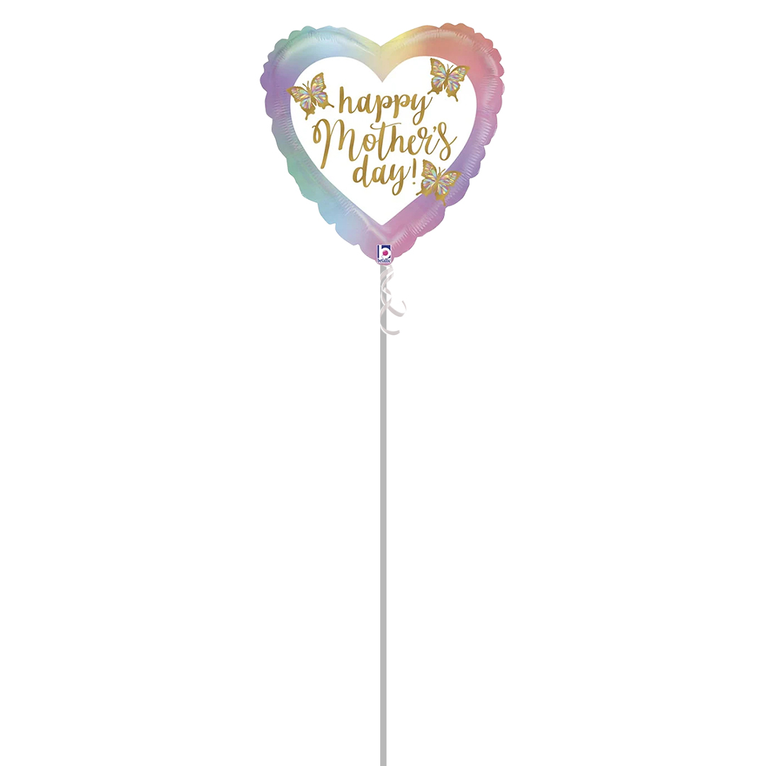 Opal Happy Mother's Day Butterfly Holographic Heart Foil Helium Balloon - Inflated Balloon in a Box