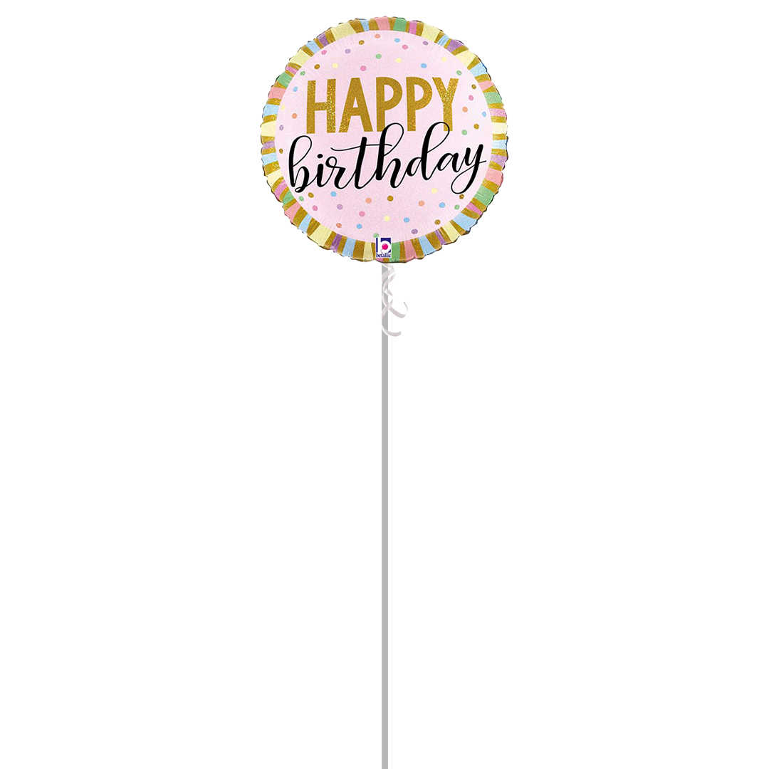 Happy Birthday Pastel Stripes Round Foil Helium Balloon - Inflated Balloon in a Box