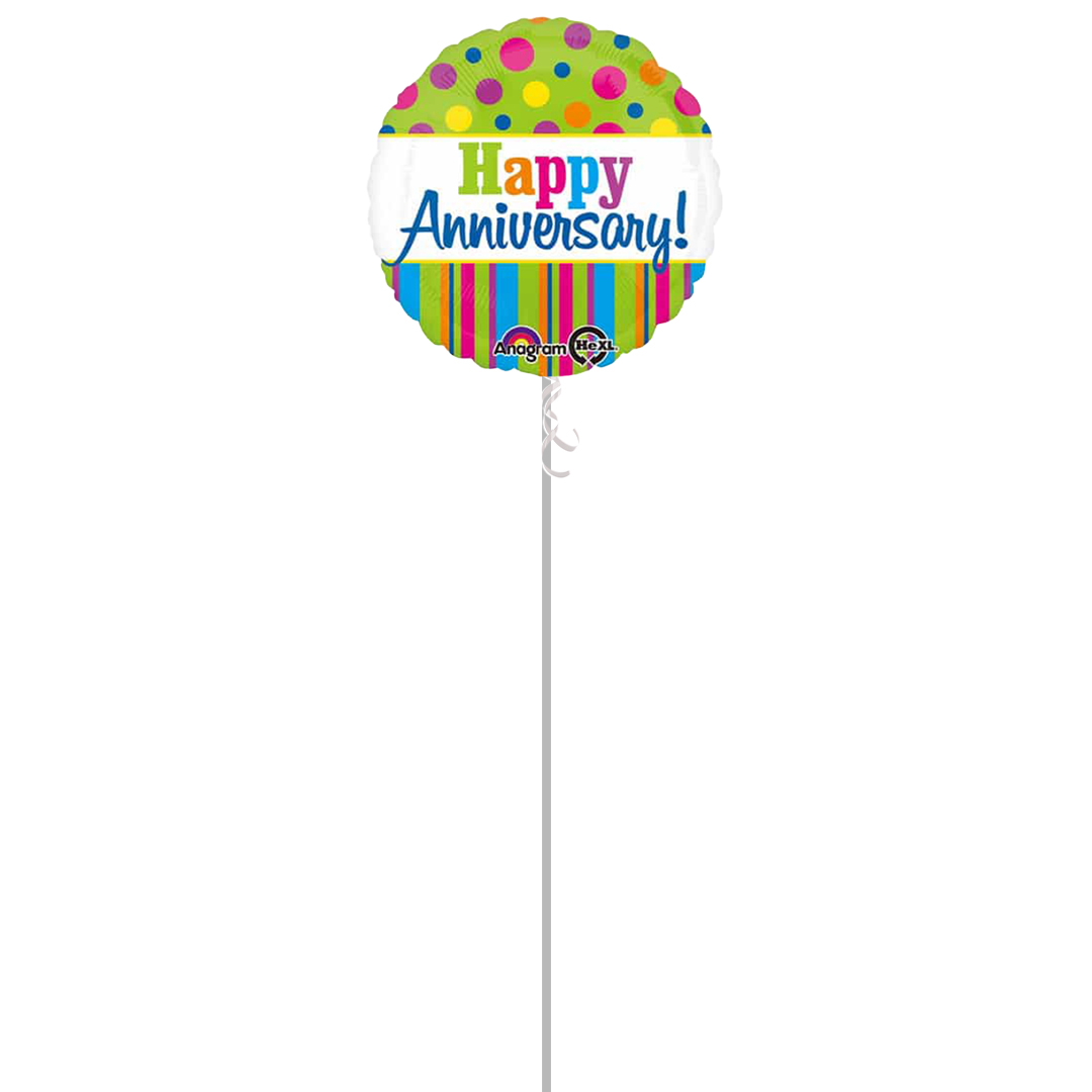 Happy Anniversary Stripes And Dots Round Foil Balloon - Inflated Balloon in a Box Product Gallery Image