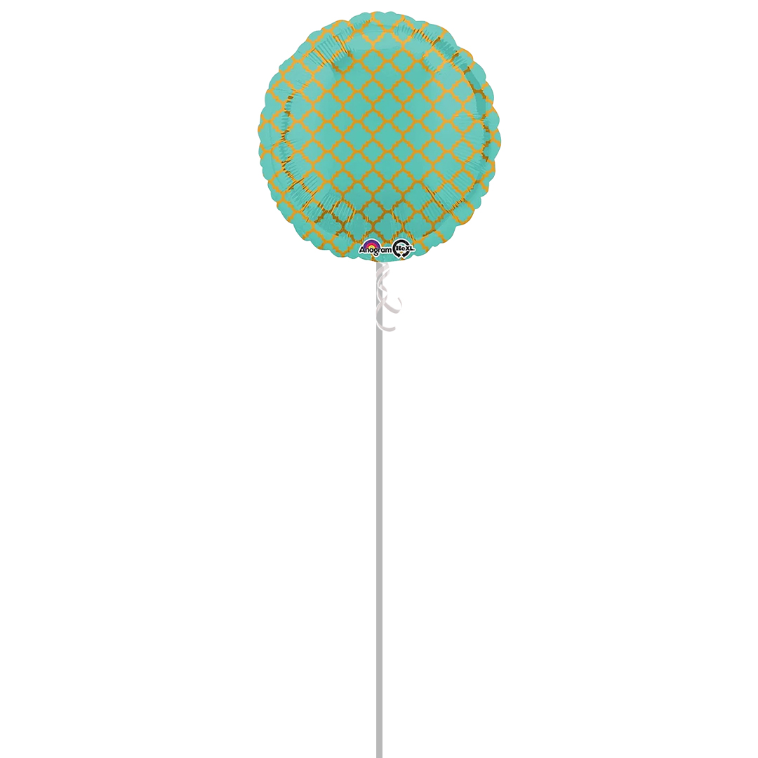 Robin's Egg & Gold Quatrefoil Round Foil Helium Balloon - Inflated Balloon in a Box