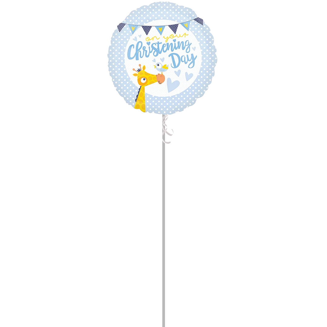 Christening Day Blue Round Foil Helium Balloon - Inflated Balloon in a Box
