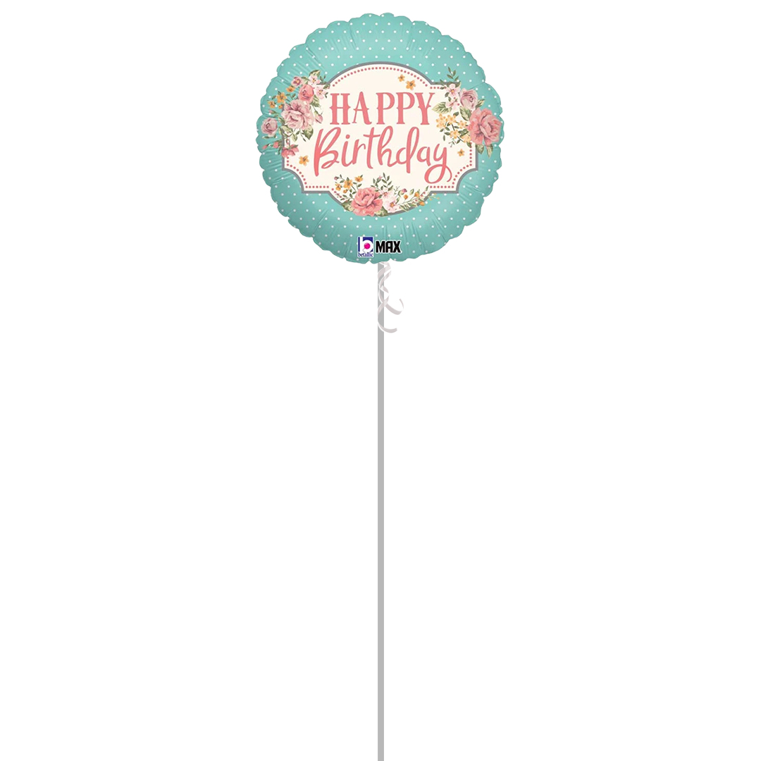Vintage Happy Birthday Round Foil Helium Balloon - Inflated Balloon in a Box Product Gallery Image
