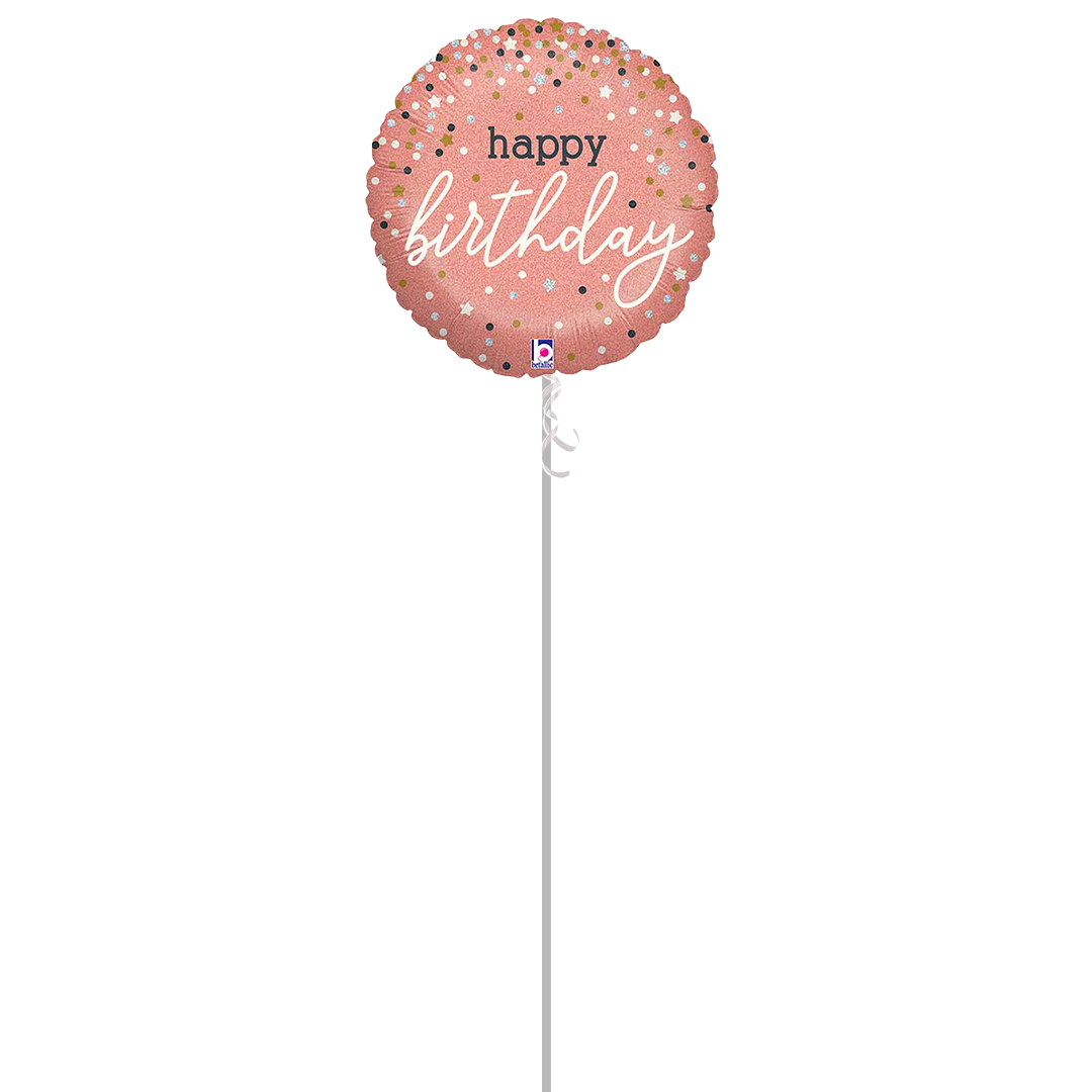 Happy Birthday Rose Gold Confetti Round Foil Helium Balloon - Inflated Balloon in a Box Product Gallery Image