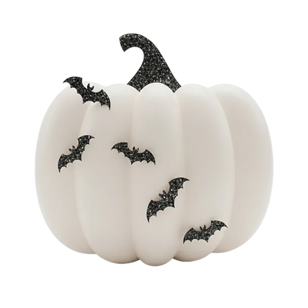 White Pumpkin Halloween Decoration with Black Glitter 3D Bats