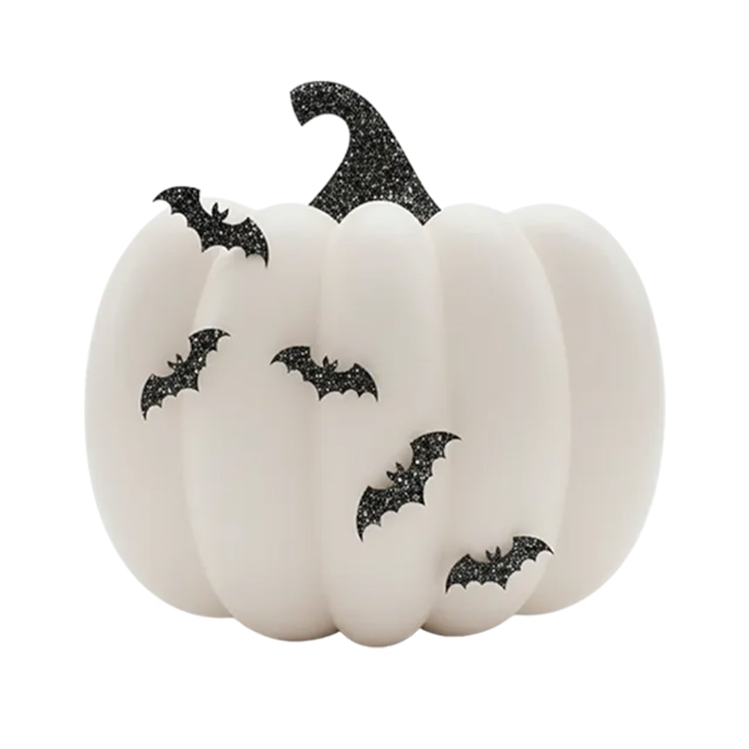 White Pumpkin Halloween Decoration with Black Glitter 3D Bats 17.5cm View 2