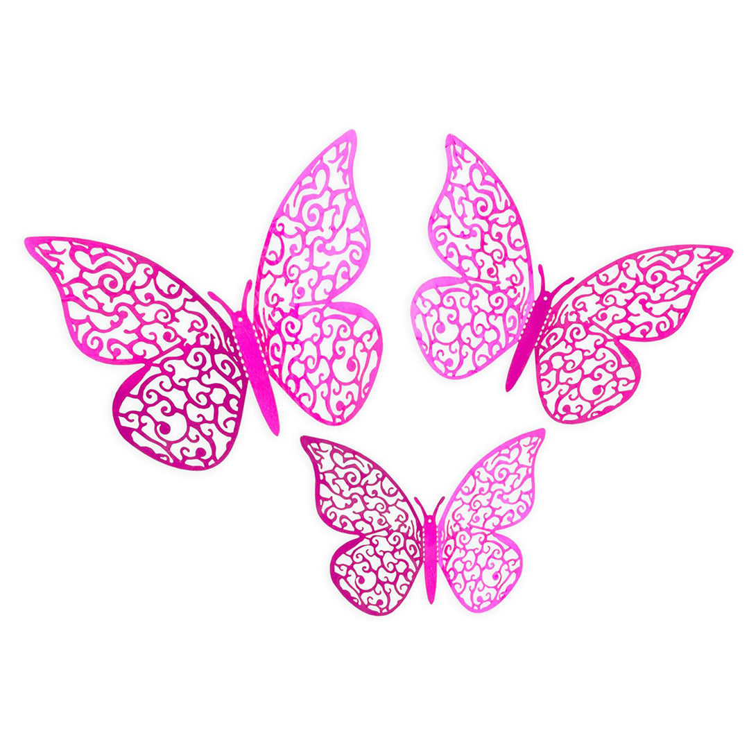 3D Iridescent Fuchsia Pink Adhesive Butterfly Decorations - Pack of 12