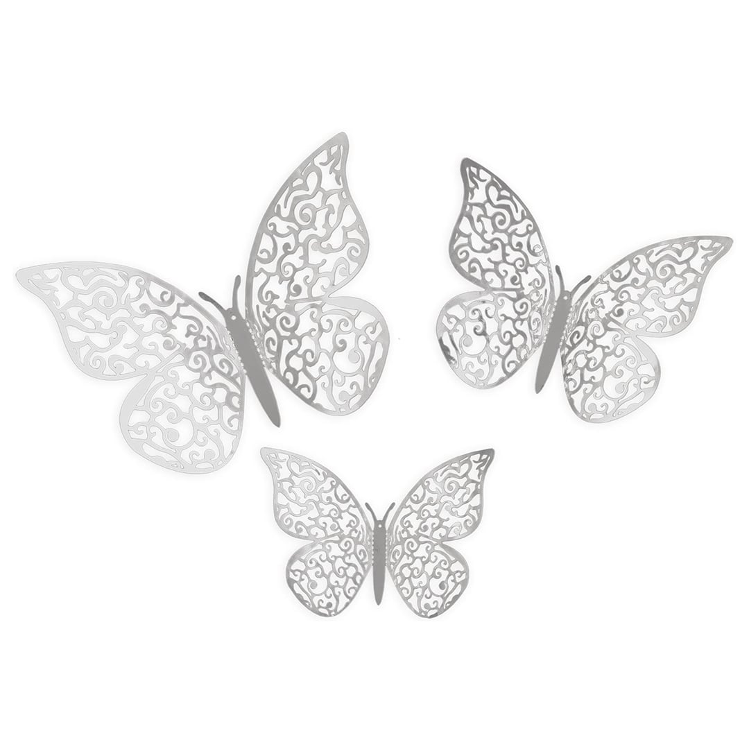 3D Iridescent Silver Adhesive Butterfly Decorations - Pack of 12