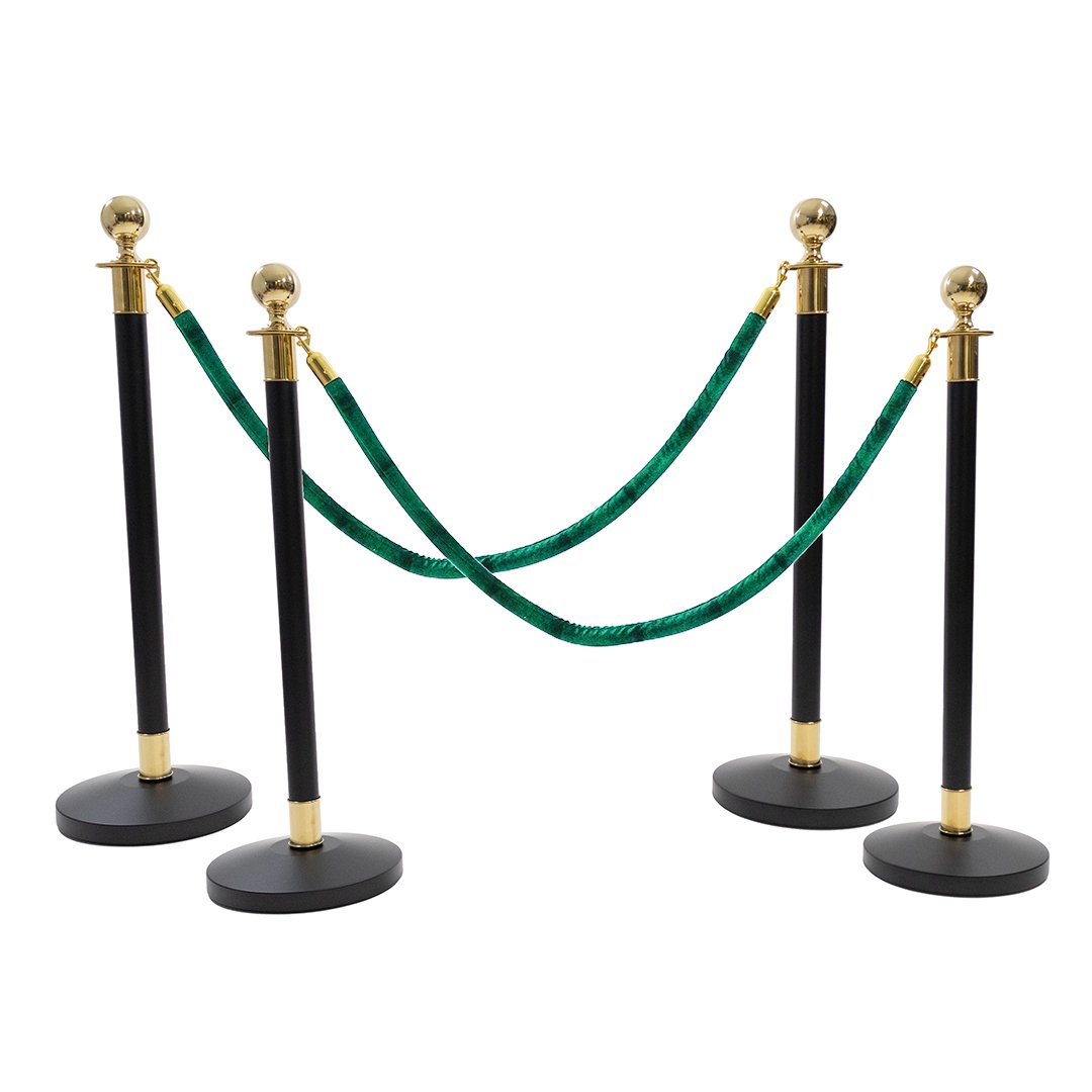4 Gold Finish Black Stanchion Poles with 2 Dark Green Velvet Ropes