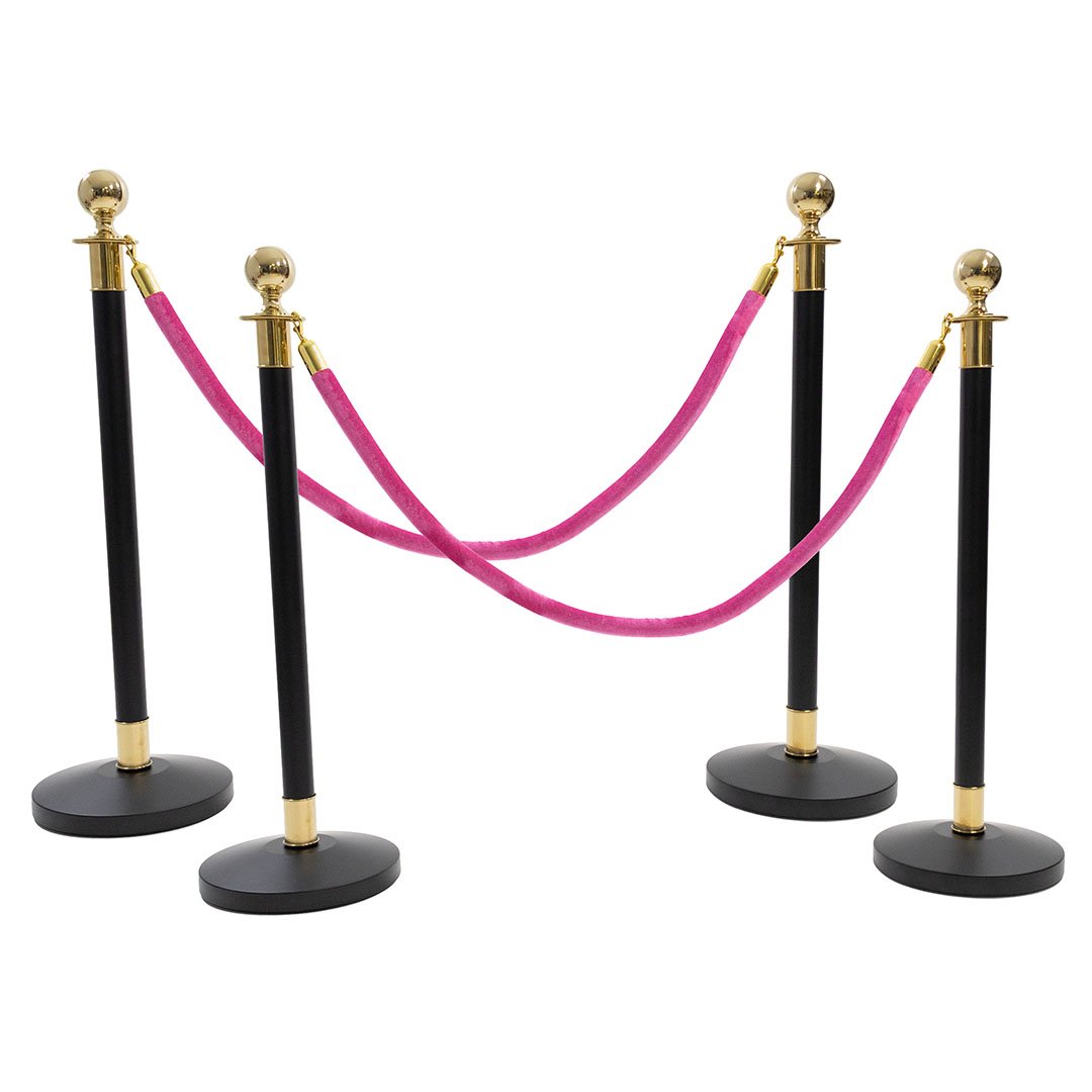 4 Golden Finish Black Stanchion Poles with 2 Hot Pink Velvet Ropes
