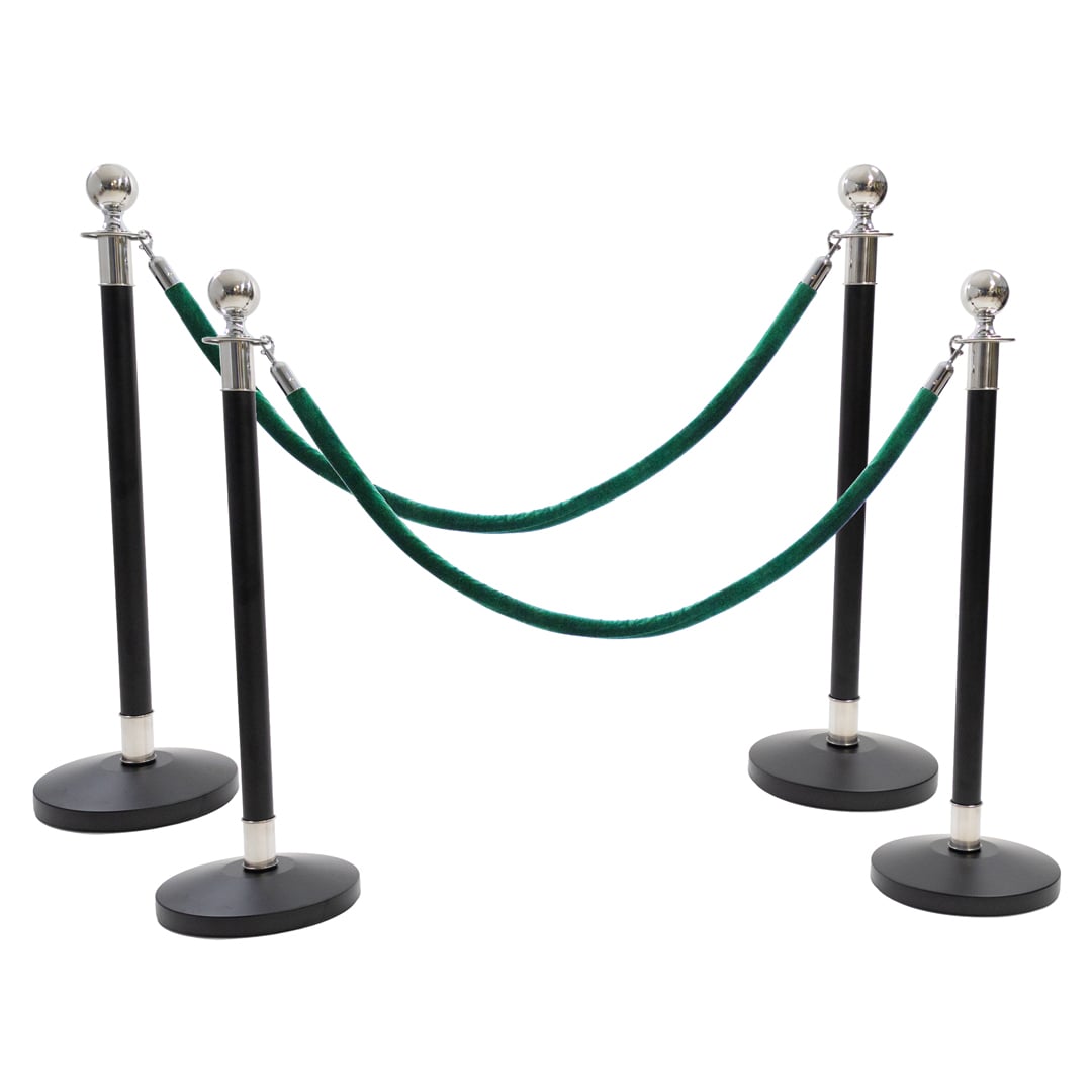 4 Silver Finish Black Stanchion Poles with 2 Dark Green Velvet Ropes