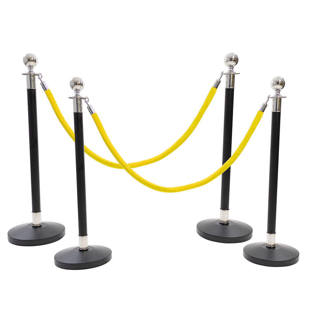4 Silver Finish Black Stanchion Poles with 2 Yellow Gold Velvet Ropes