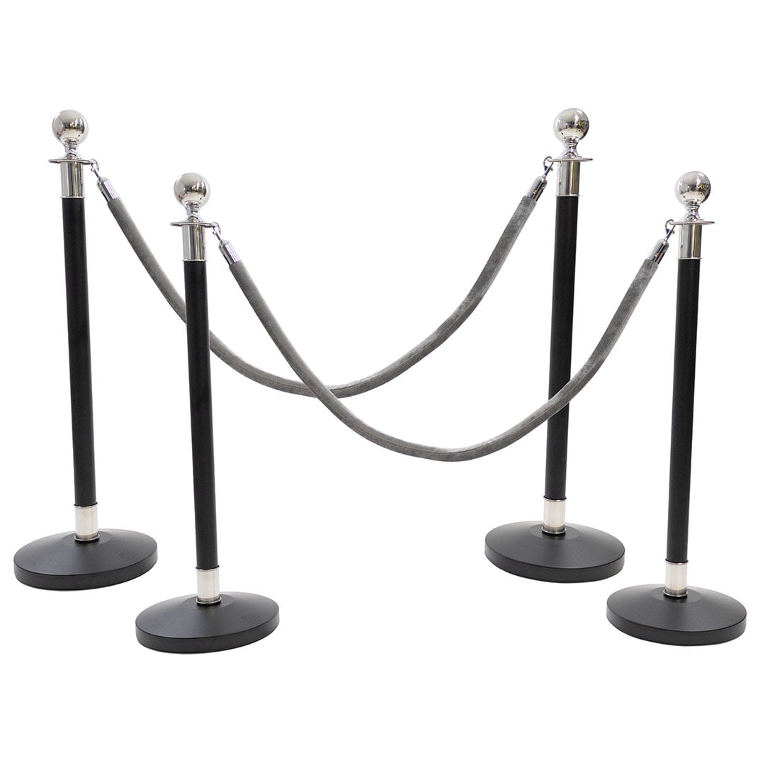 4 Silver Finish Black Stanchion Poles with 2 Grey Velvet Ropes