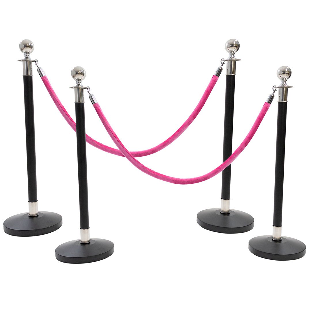 4 Silver Finish Black Stanchion Poles with 2 Hot Pink Velvet Ropes