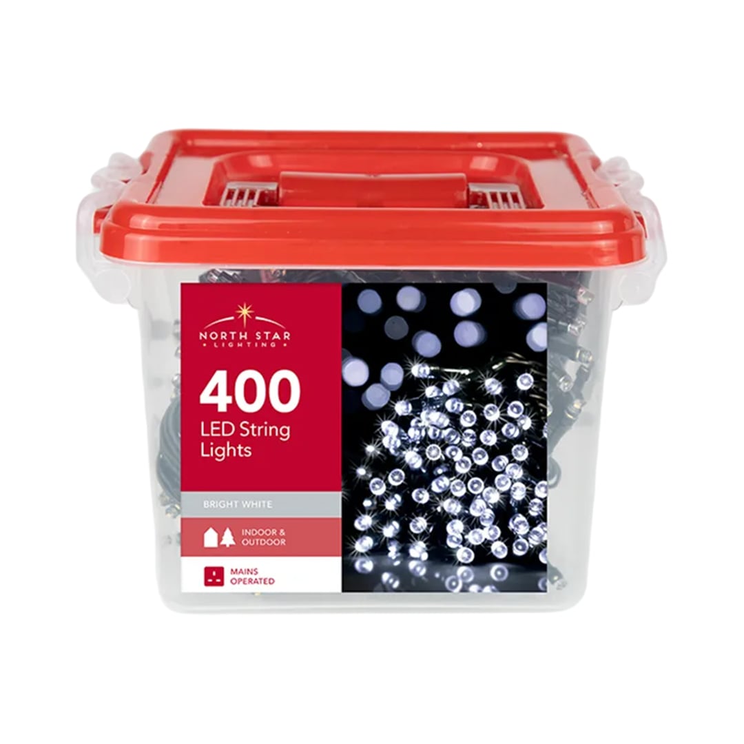 400 Bright White LED Mains Operated String Lights with Storage Box 28m