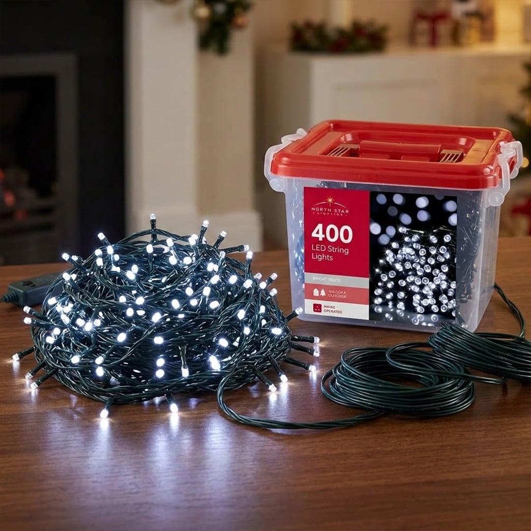 400 Bright White LED Mains Operated String Lights with Storage Box 28m