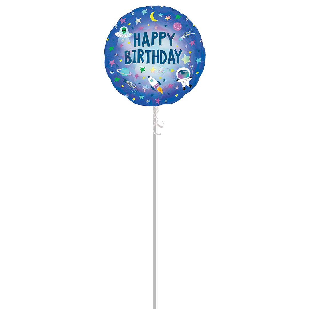 Happy Birthday Outer Space Holographic Round Foil Helium Balloon - Inflated Balloon in a Box Product Gallery Image