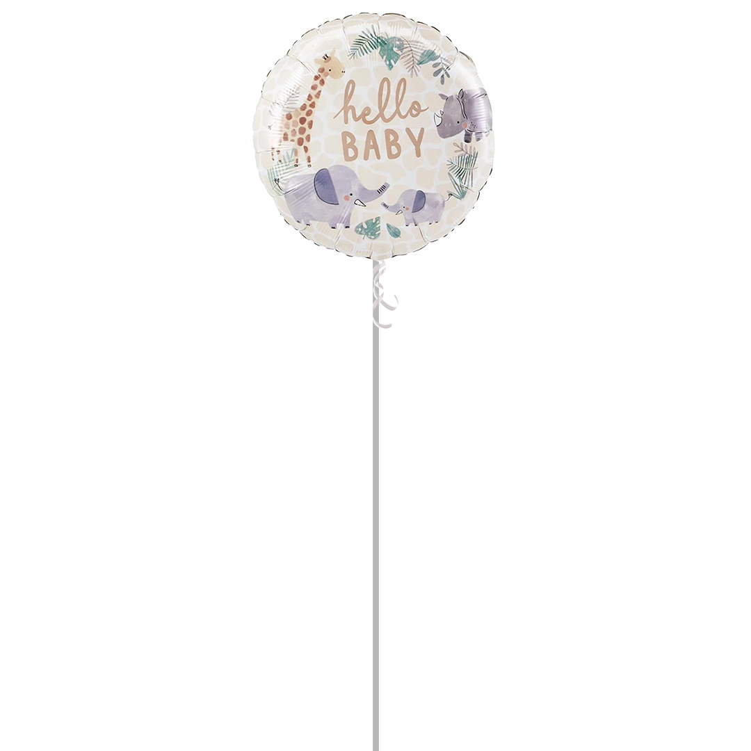 Soft Jungle Hello Baby Arrival Neutral Round Foil Helium Balloon - Inflated Balloon in a Box Product Gallery Image
