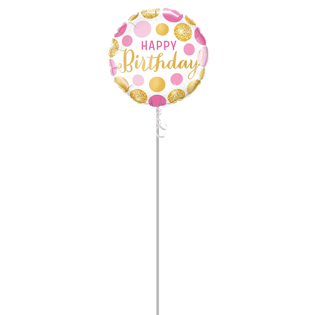 Happy Birthday Pink & Gold Dots Round Foil Helium Balloon - Inflated Balloon in a Box Product Gallery Image