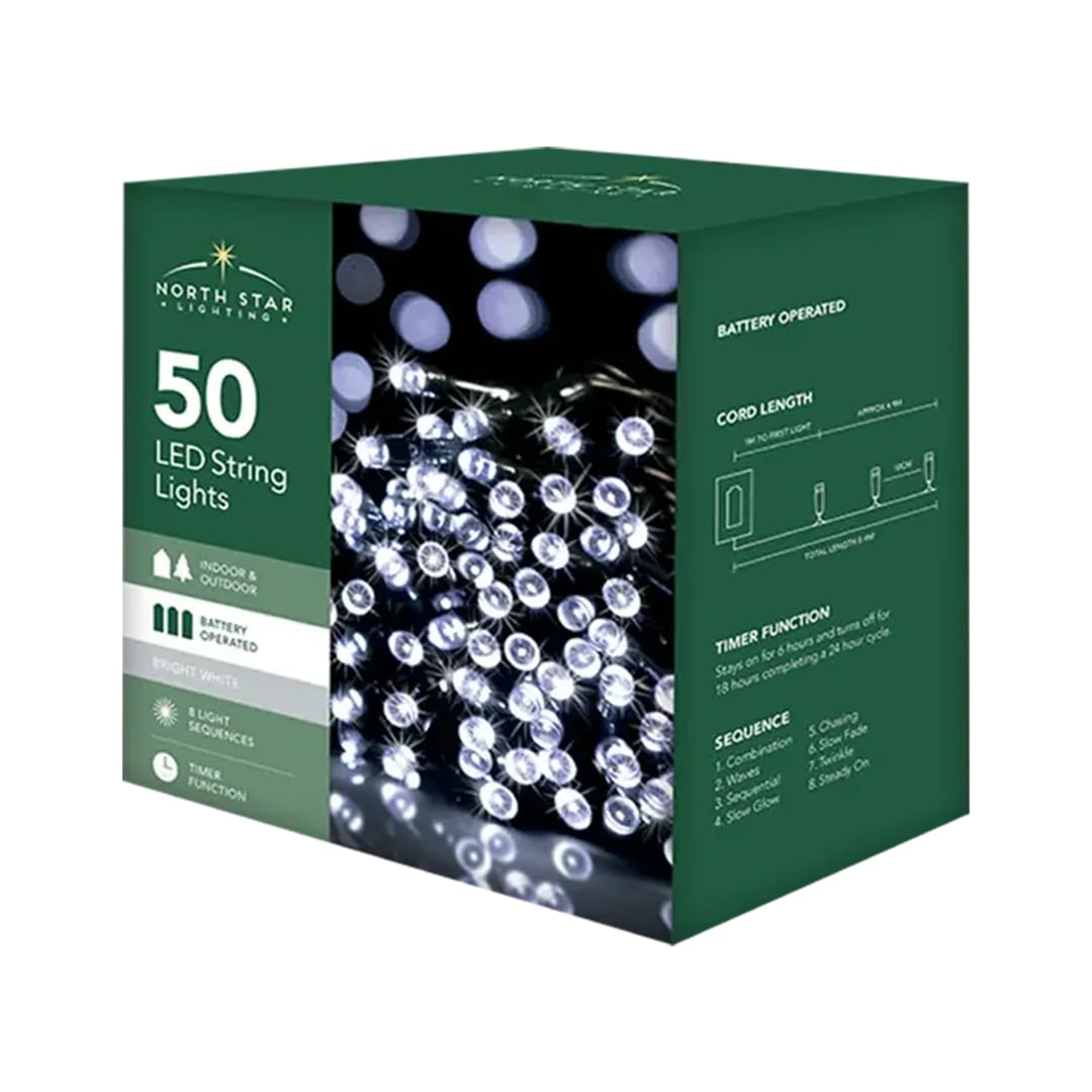 50 Bright White LED Battery Operated String Lights 5.9m