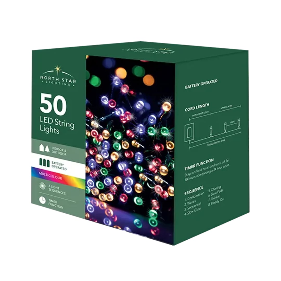 50 Multi Coloured LED Battery Operated String Lights 5.9m