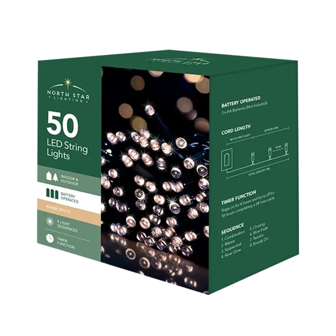 50 Warm White LED Battery Operated String Lights 5.9m