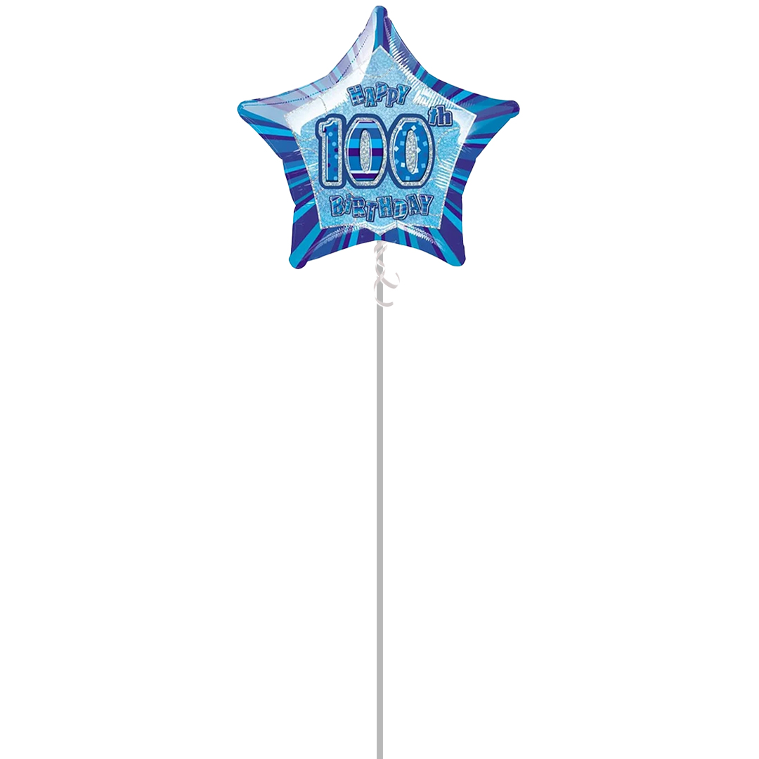 Blue Glitz 100th Birthday Prismatic Star Shape Foil Balloon - Inflated Balloon in a Box