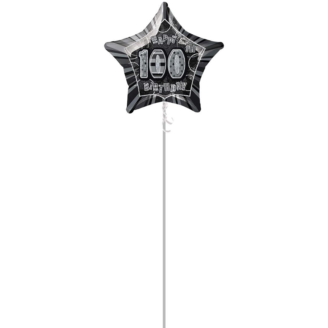 Black Glitz 100th Birthday Prismatic Star Shape Foil Balloon - Inflated Balloon in a Box