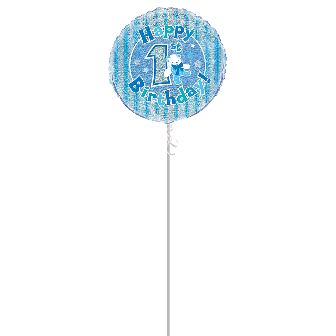 Happy 1st Birthday Blue Holographic Round Foil Balloon - Inflated Balloon in a Box