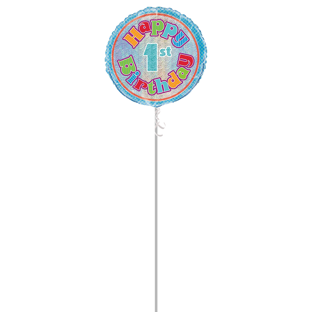 Happy 1st Birthday Holographic Round Foil Balloon - Inflated Balloon in a Box