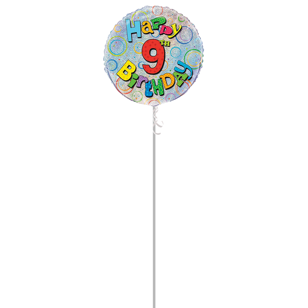 Happy 9th Birthday Holographic Round Foil Balloon - Inflated Balloon in a Box Product Gallery Image