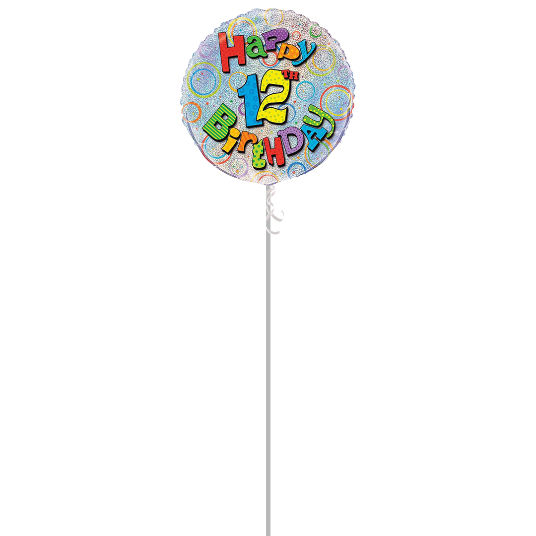 Happy 12th Birthday Holographic Round Foil Balloon - Inflated Balloon in a Box Product Gallery Image