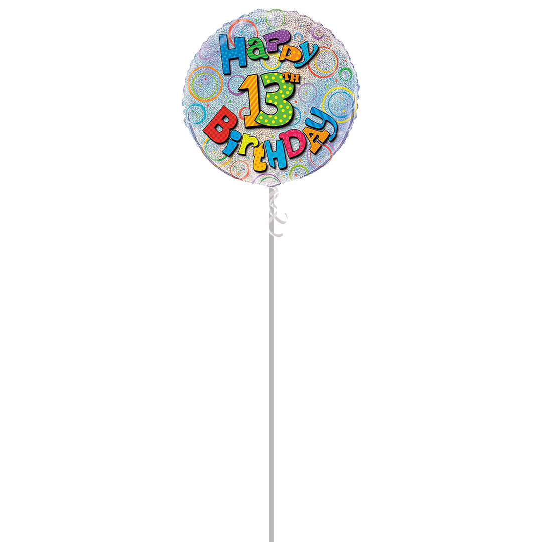 Happy 13th Birthday Holographic Round Foil Balloon - Inflated Balloon in a Box