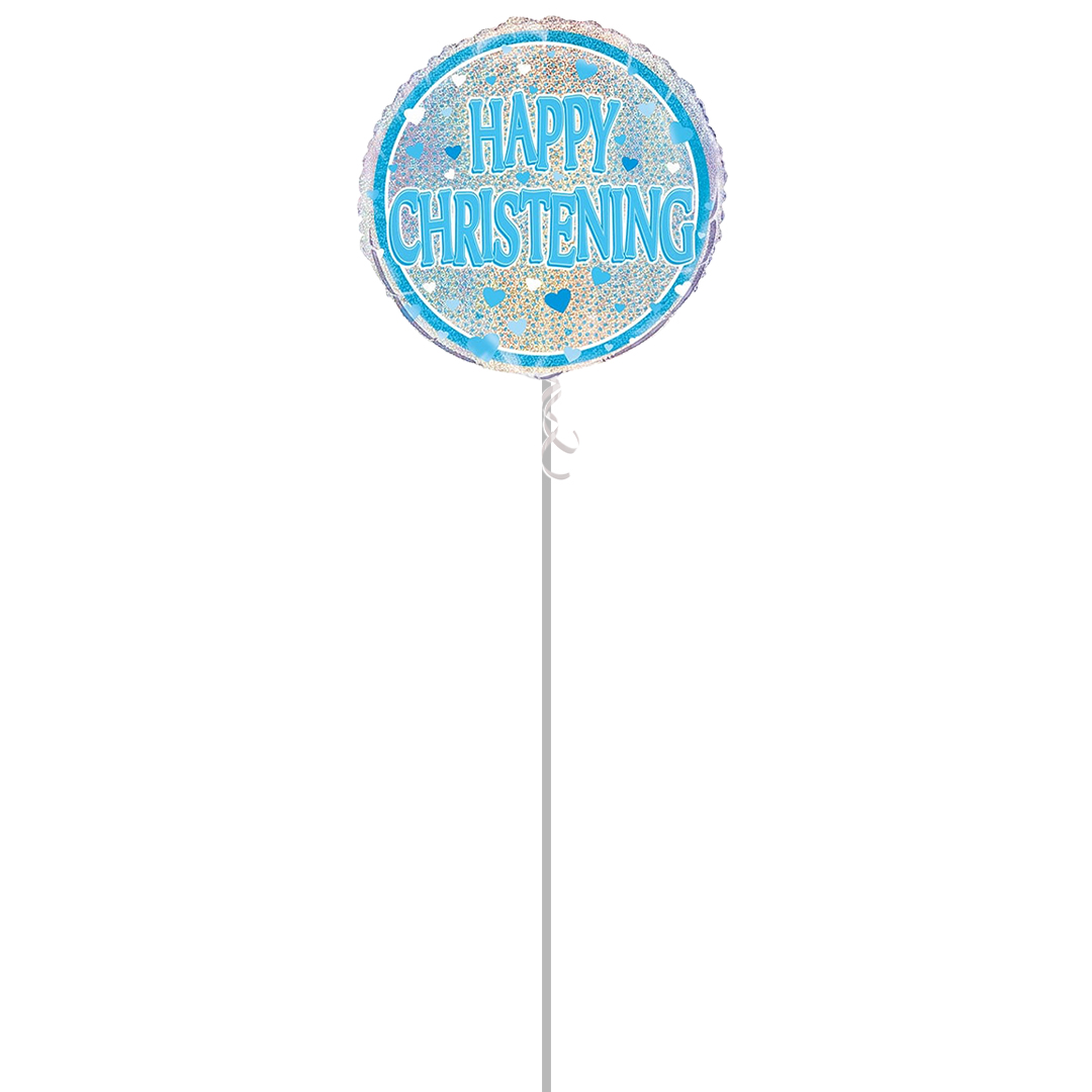 Blue Christening Holographic Round Foil Helium Balloon - Inflated Balloon in a Box