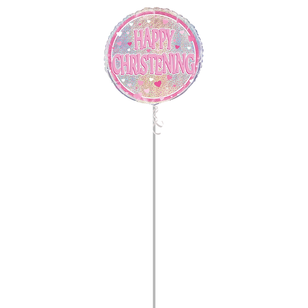 Pink Christening Holographic Round Foil Helium Balloon - Inflated Balloon in a Box