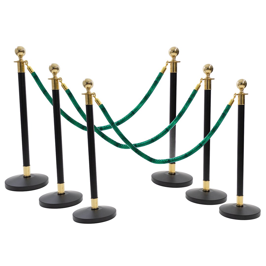 6 Gold Finish Black Stanchion Poles with 4 Dark Green Velvet Ropes