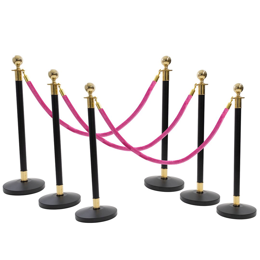 6 Golden Finish Black Stanchion Poles with 4 Hot Pink Velvet Ropes