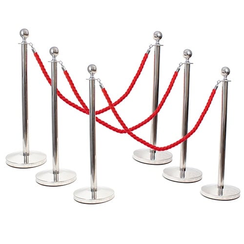 6 Prestige Chrome Poles With 4 Red Braided Ropes