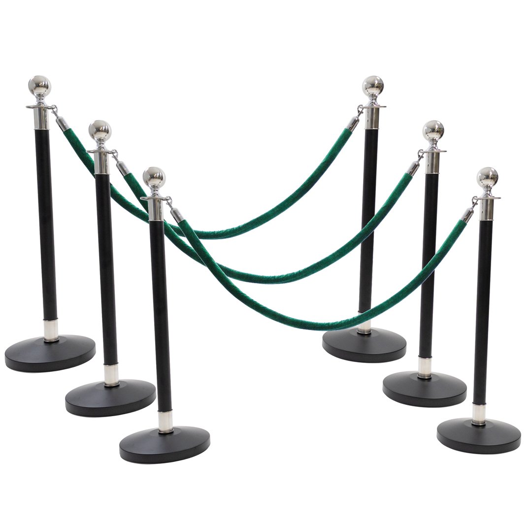 6 Silver Finish Black Stanchion Poles with 4 Dark Green Velvet Ropes