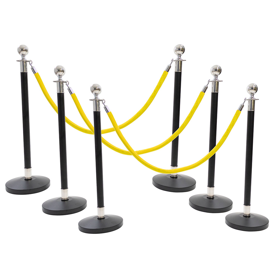 6 Silver Finish Black Stanchion Poles with 4 Yellow Gold Velvet Ropes