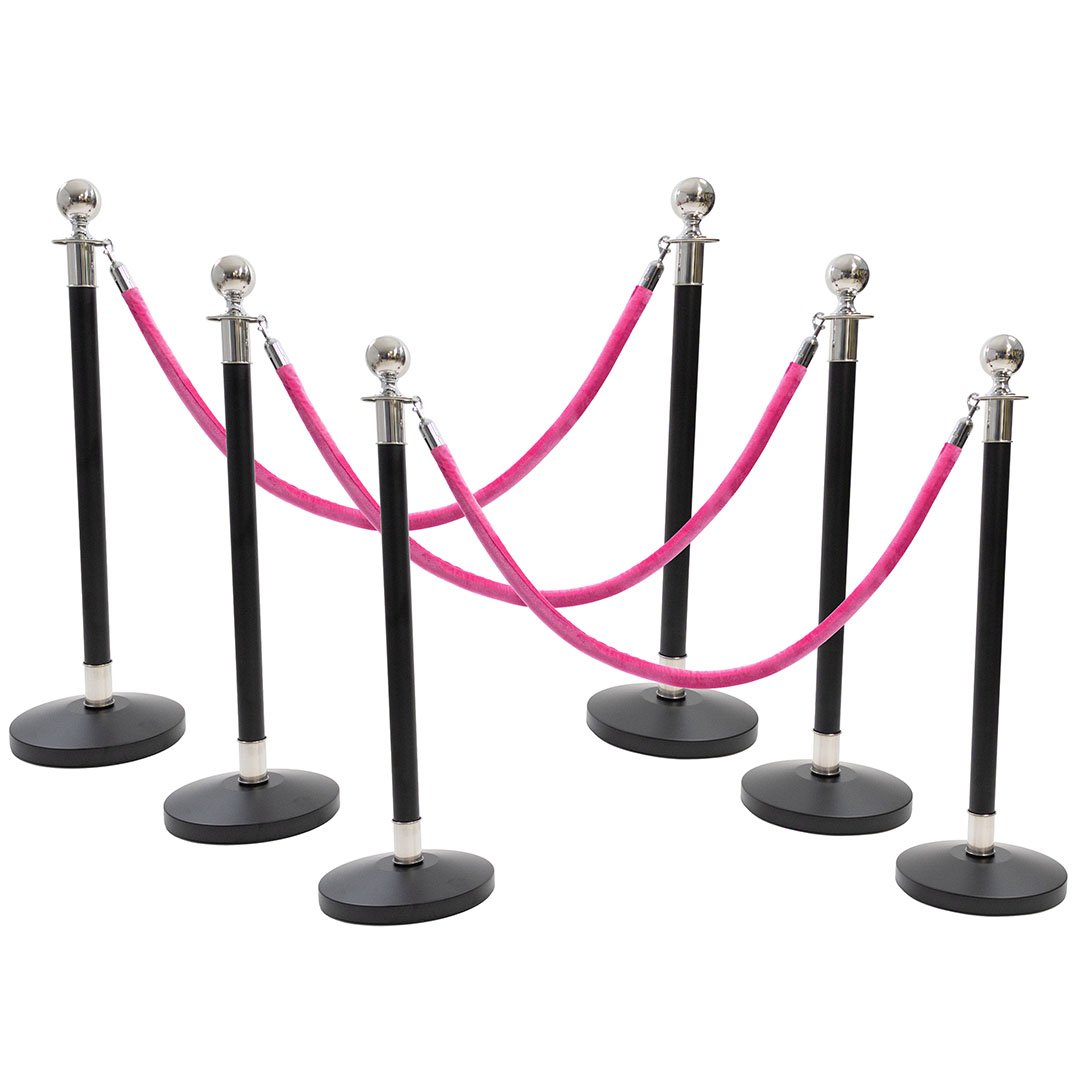 6 Silver Finish Black Stanchion Poles with 4 Hot Pink Velvet Ropes