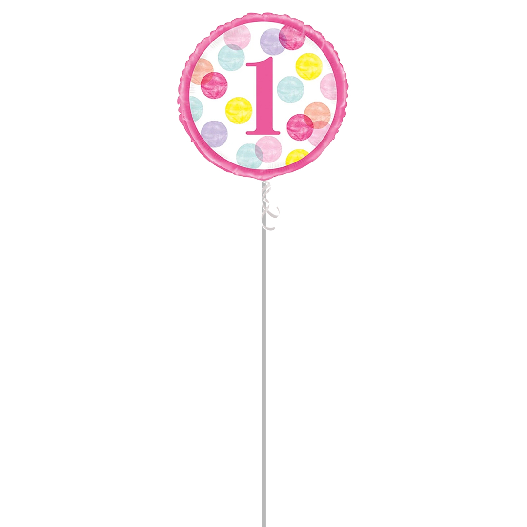 First Birthday Pink Dots Round Foil Helium Balloon - Inflated Balloon in a Box