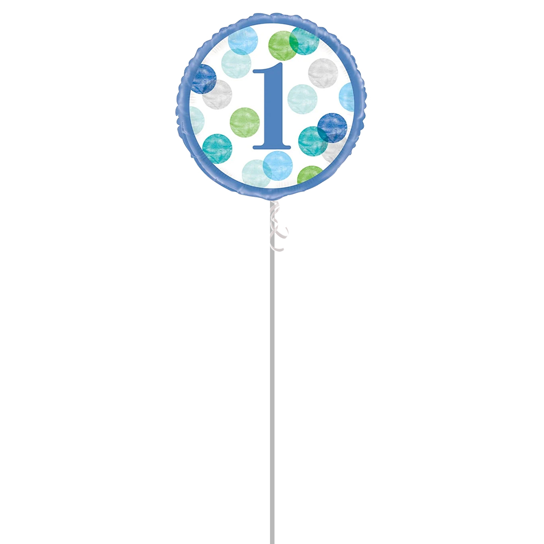 First Birthday Blue Dots Round Foil Helium Balloon - Inflated Balloon in a Box