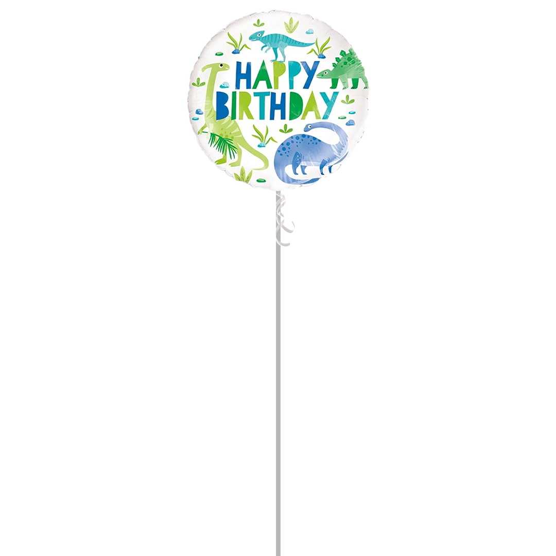 Blue & Green Dinosaur Happy Birthday Round Foil Helium Balloon - Inflated Balloon in a Box Product Gallery Image