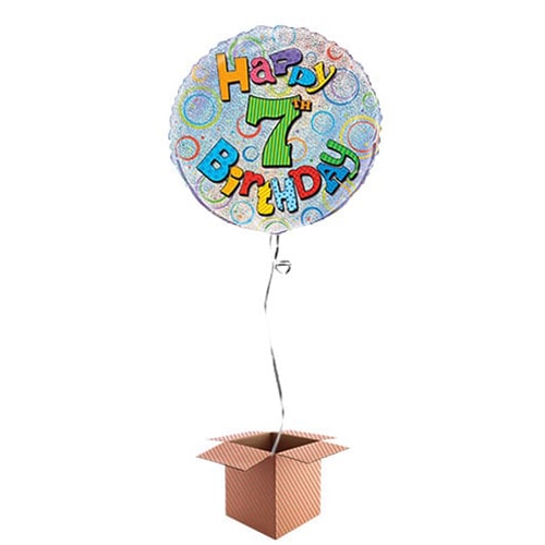 Happy 7th Birthday Holographic Round Foil Balloon - Inflated Balloon in a Box Product Image