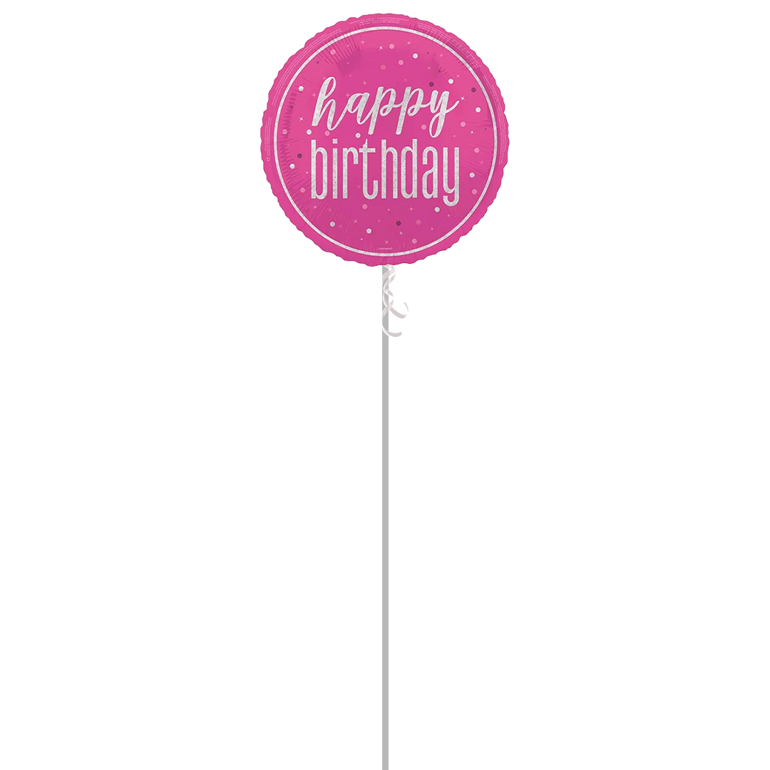 Hot Pink Glitz Happy Birthday Holographic Round Foil Helium Balloon - Inflated Balloon in a Box Product Gallery Image
