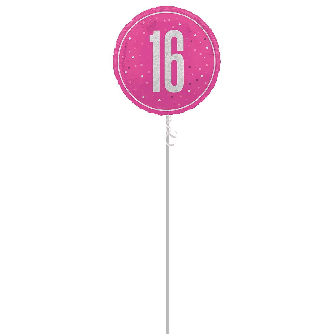 Hot Pink Glitz Age 16 Holographic Round Foil Helium Balloon - Inflated Balloon in a Box