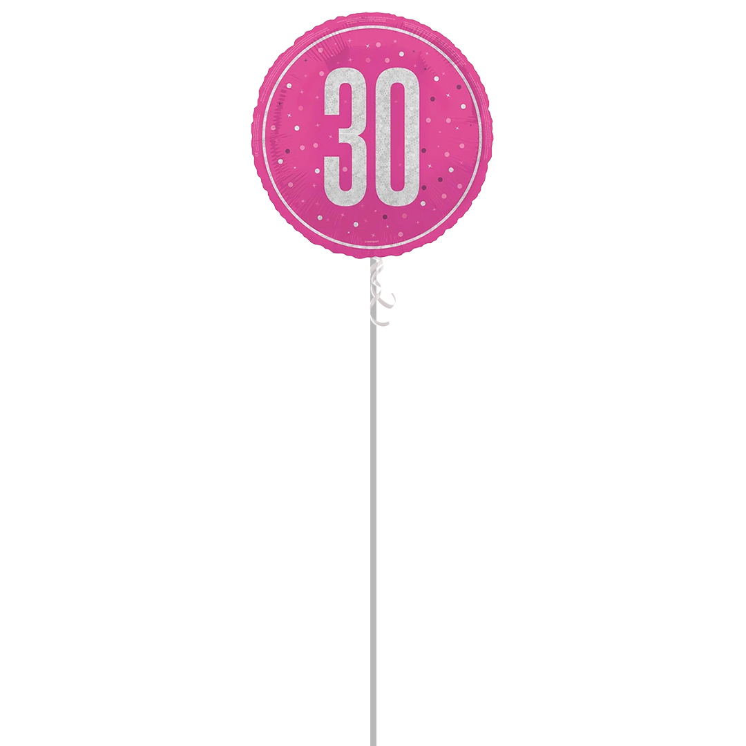 Hot Pink Glitz Age 30 Holographic Round Foil Helium Balloon - Inflated Balloon in a Box