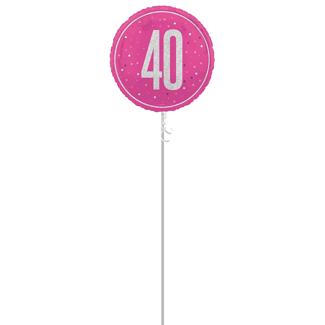 Hot Pink Glitz Age 40 Holographic Round Foil Helium Balloon - Inflated Balloon in a Box